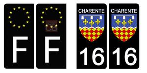 Set de 4 stickers NOIR pour plaque d'immatriculation, 16 CHARENTE