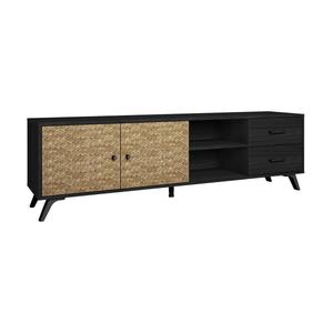 GADDI - Meuble TV 181cm 2 Portes 2 Tiroirs Effet Bois Noir et Bambou Tressé