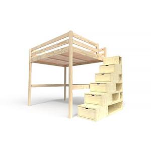 Lit Mezzanine bois 160x200 avec escalier cube Sylvia 160x200 Vernis Naturel