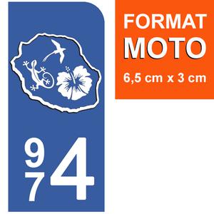 1 sticker pour plaque d'immatriculation MOTO, 974 carte de la Réunion