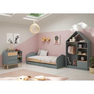 KAINA - Chambre 90x200cm avec Commode 3T et Dressing Cabane Coloris Gris et Naturel
