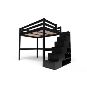 Lit Mezzanine bois avec escalier cube Sylvia 140x200 Noir