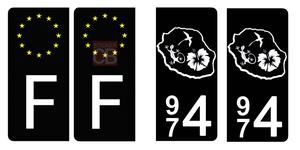 Set de 4 stickers NOIR pour plaque d'immatriculation, 974 la Reunion