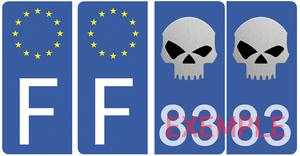 Set de 4 stickers pour plaque immatriculation Auto, SKULL, bleu