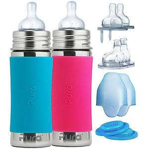 Set Biberons Inox 325 ml Tétines Débit 3~18+ mois Bleu-Rose Pura Ki