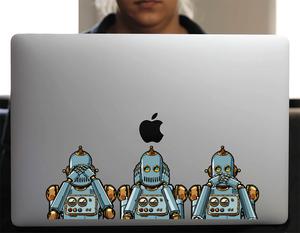 Sticker pour Macbook ou PC, les 3 robots, ne rien voir, ne rien entendre, ne rien dire