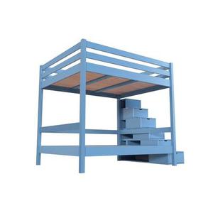 Lit superposé 4 personnes adultes bois escalier cube Sylvia 160x200 Bleu Pastel