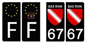 Set de 4 stickers NOIR pour plaque d'immatriculation, 67 BAS RHIN