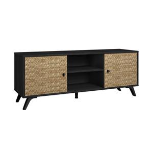 GADDI - Meuble TV 136cm 2 Portes Effet Bois Noir et Bambou Tressé