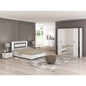 GAIA - Chambre Lit 160x200 cm + Chevets + Commode + Armoire Laquée Blanc avec Décor Noir