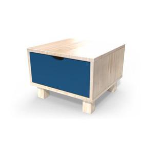 Table de chevet bois Cube + tiroir Vernis naturel/Bleu pétrole