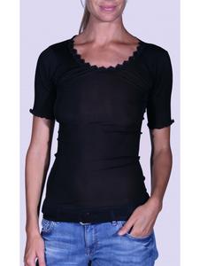 LISANZA - Top manches courtes col rond dentelle noir SOIE