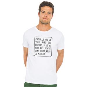 T-shirt Homme - Chérie, Je Bois Un Verre Avec Des Copains - Blanc - Taille S