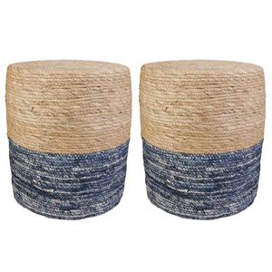 ESTANY - Lot de 2 Poufs Ronds Tressés Naturel et Bleu