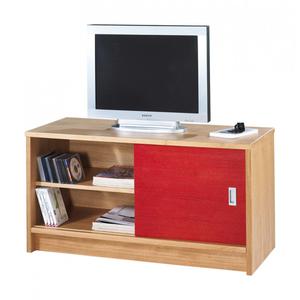 Meuble TV 1 Porte 1 Tiroir Plaqué Chêne Clair Façade Couleur - Coloris - Rouge